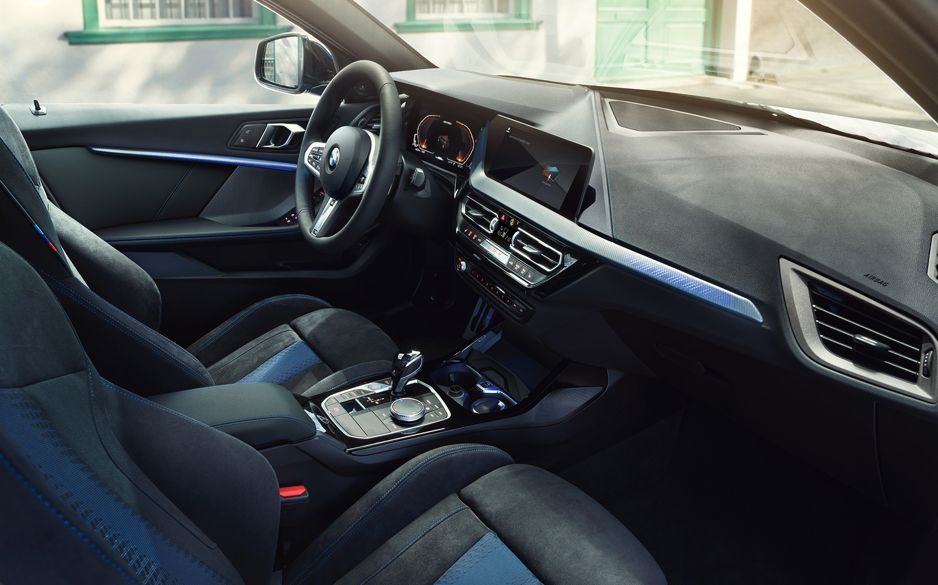 BMW 1 Series F40 cockpit with M Sport seats, M Leather steering wheal and illuminated interior trim finishers